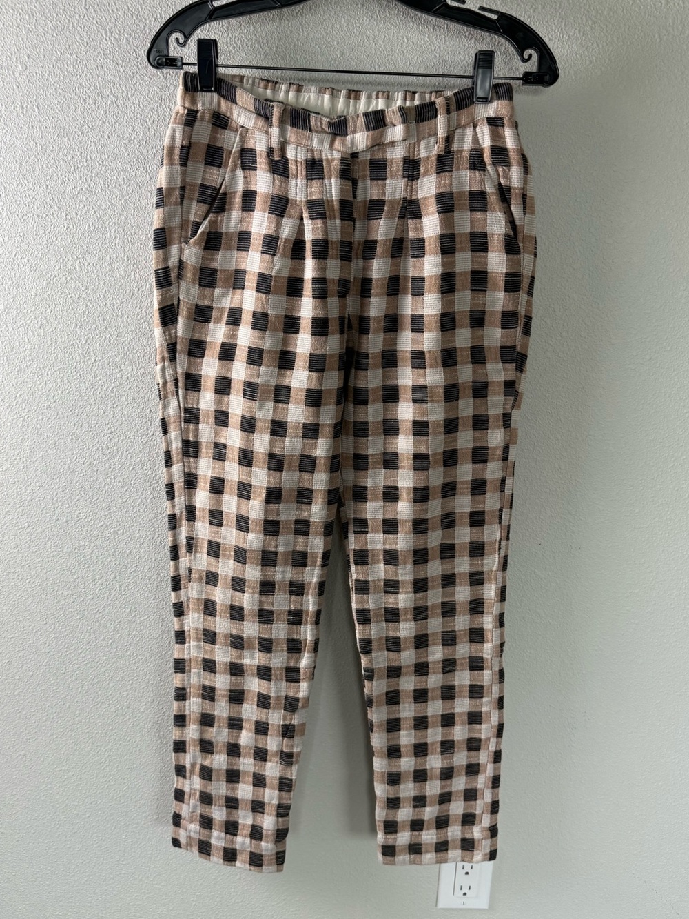 Ace & Jig Checkered Grid Plaid Pants Tan Ivory Black Casual Boho Women’s Small